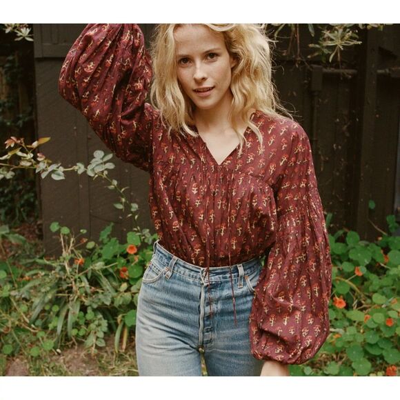 Doen Collection Petunia Happy Flower Block Print Blouse Top Peasant S New 275541 - Picture 1 of 10